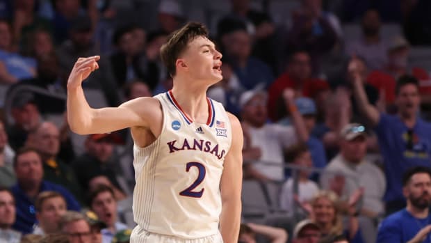 Mar 19, 2022; Fort Worth, TX, USA; Kansas Jayhawks guard Christian Braun (2) reacts after a basket against the Creighton Bluejays during the second round of the 2022 NCAA Tournament at Dickies Arena. Mandatory Credit: Kevin Jairaj-USA TODAY Sports